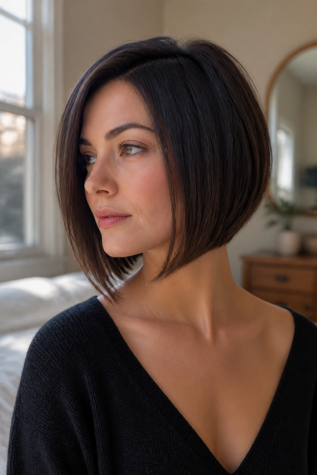 Close-up portrait of a real woman with an angled bob, longer front, shorter back, in a sunlit bedroom