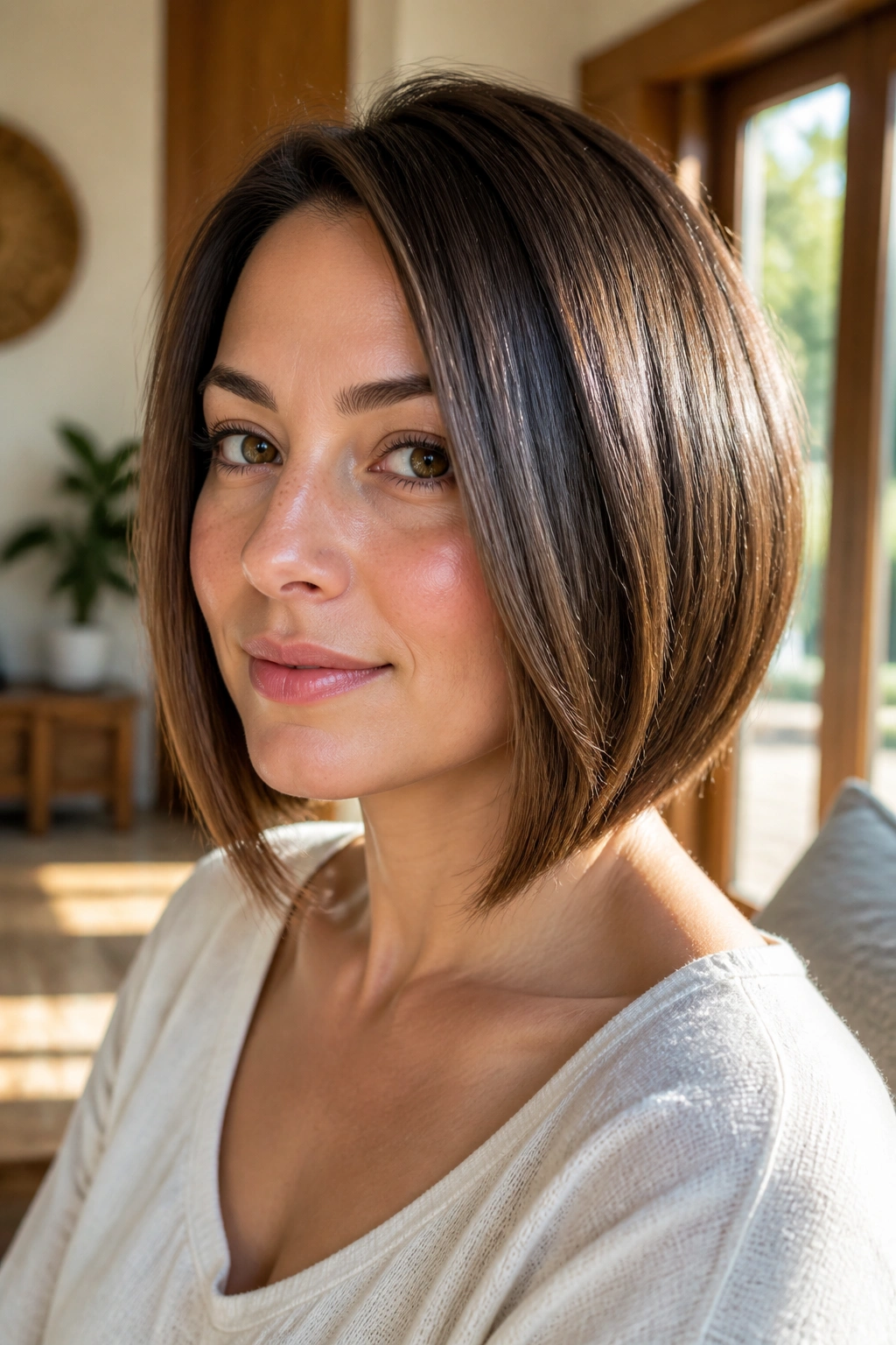 Close-up of a real woman with a chin-skimming angled bob, sharp front line and clean neckline.