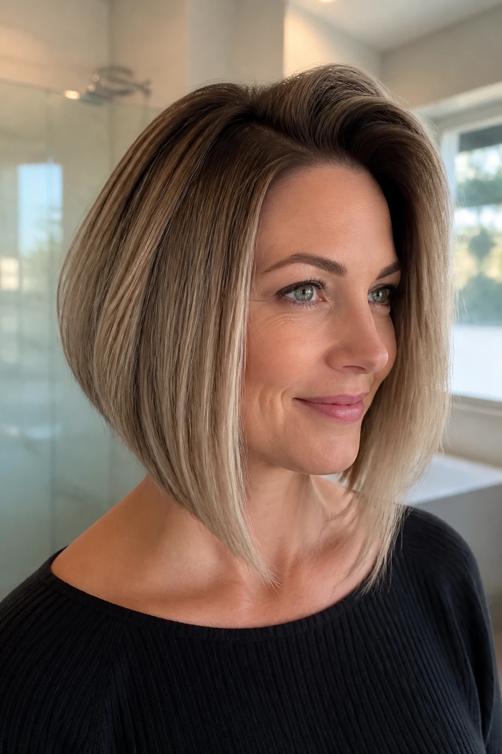 Portrait of a real person with angled bob and lifted crown.
