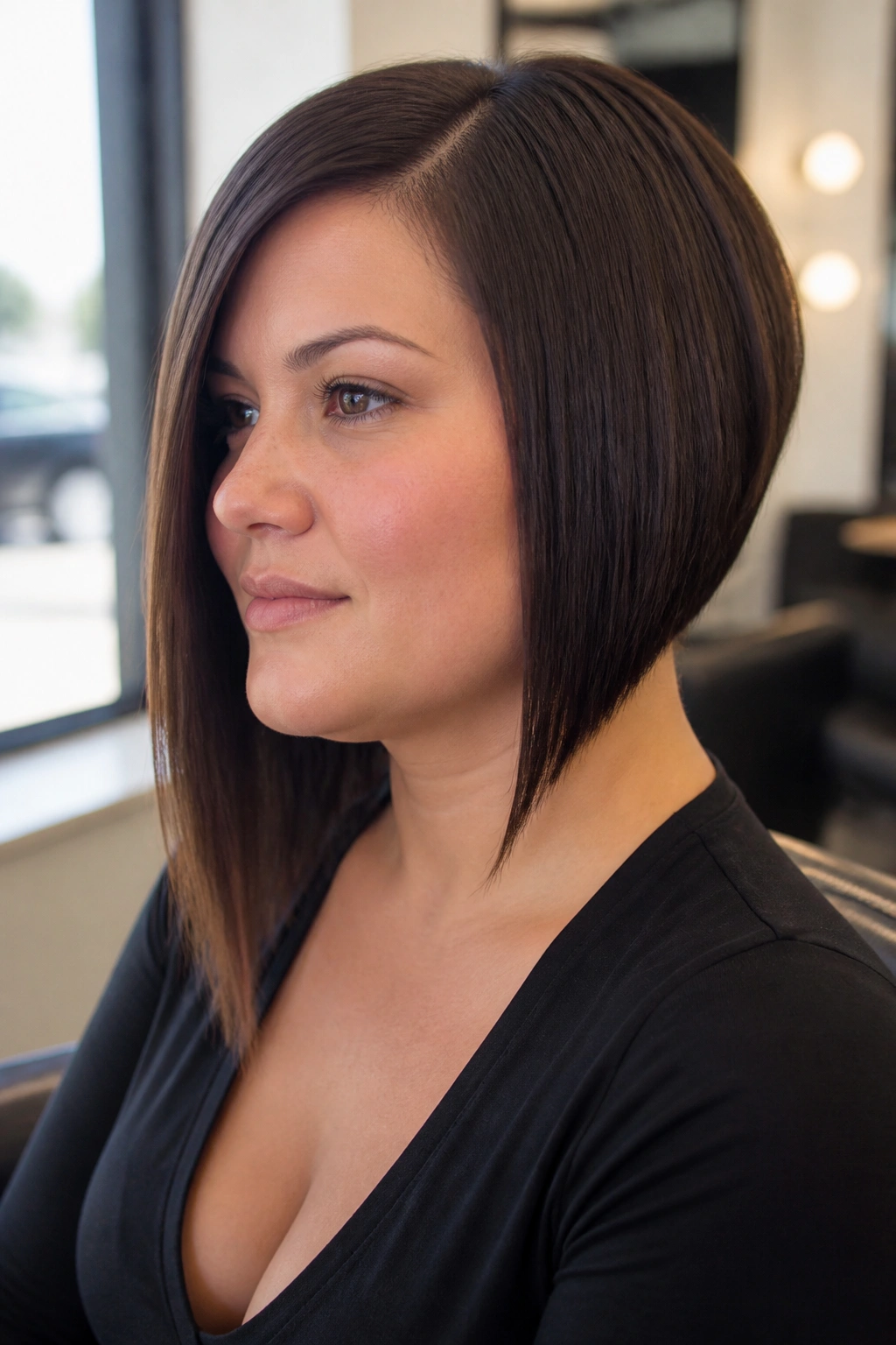 Close-up of a real woman with an angled bob showing a diagonal line from back to front