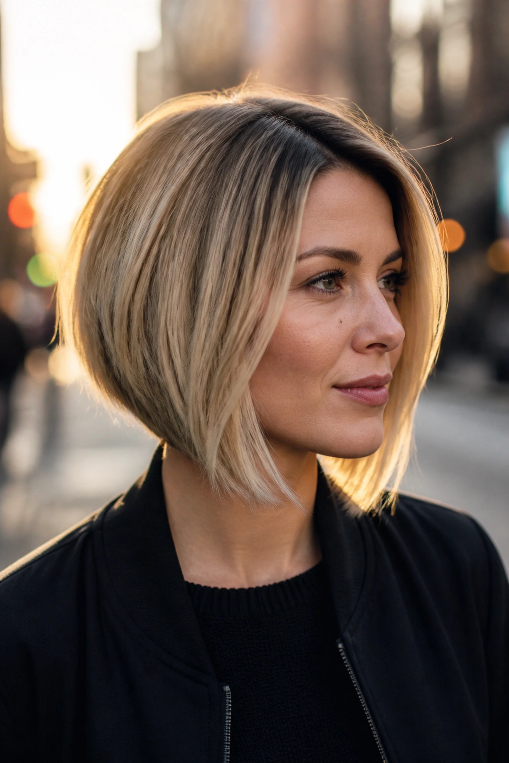 Close-up of real woman with angled bob and root shadow blonde