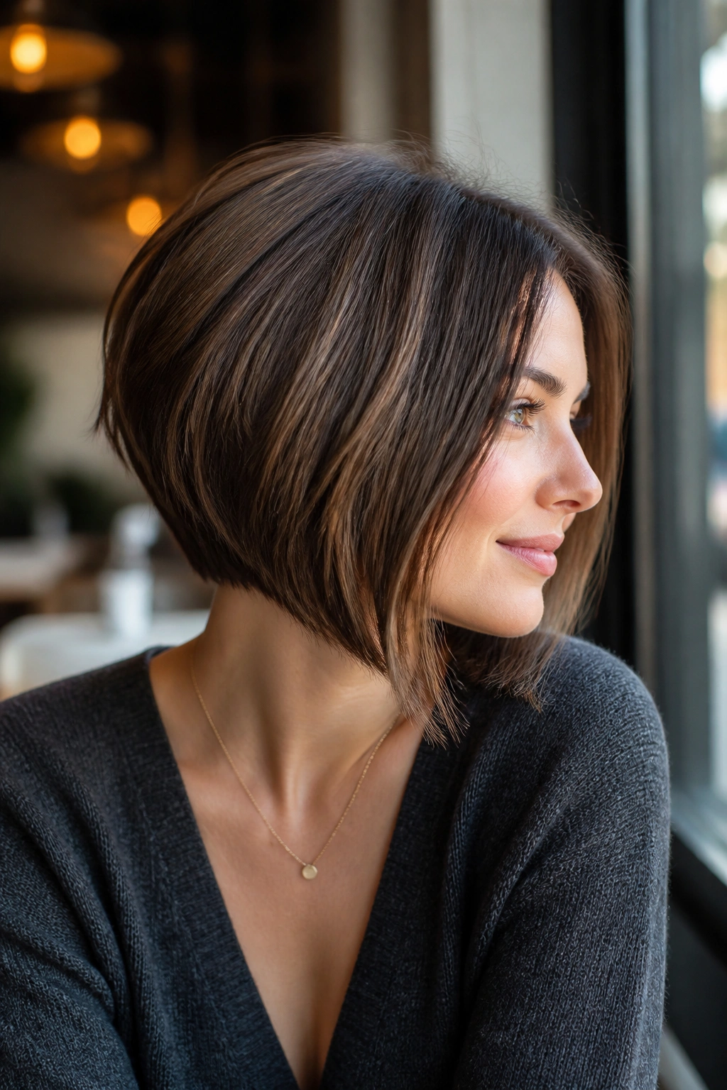 Close-up portrait of a real woman with an angled bob featuring a short back in a cozy cafe window setting.