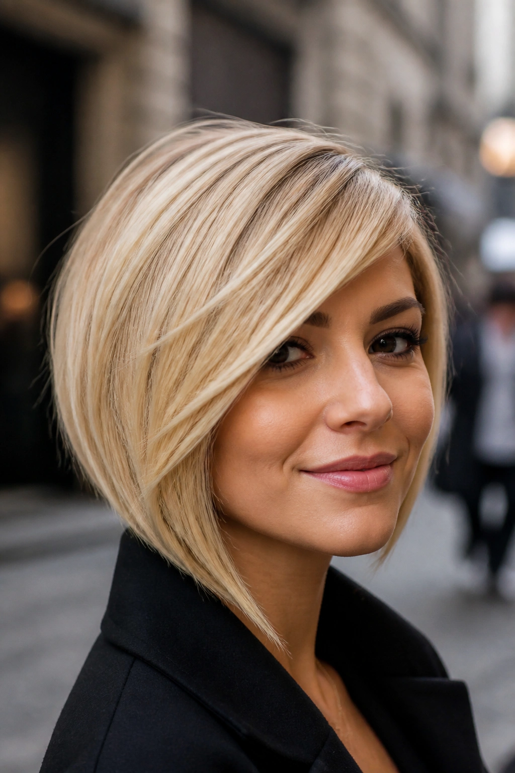 Close-up of a real woman with angled bob and deep side fringe