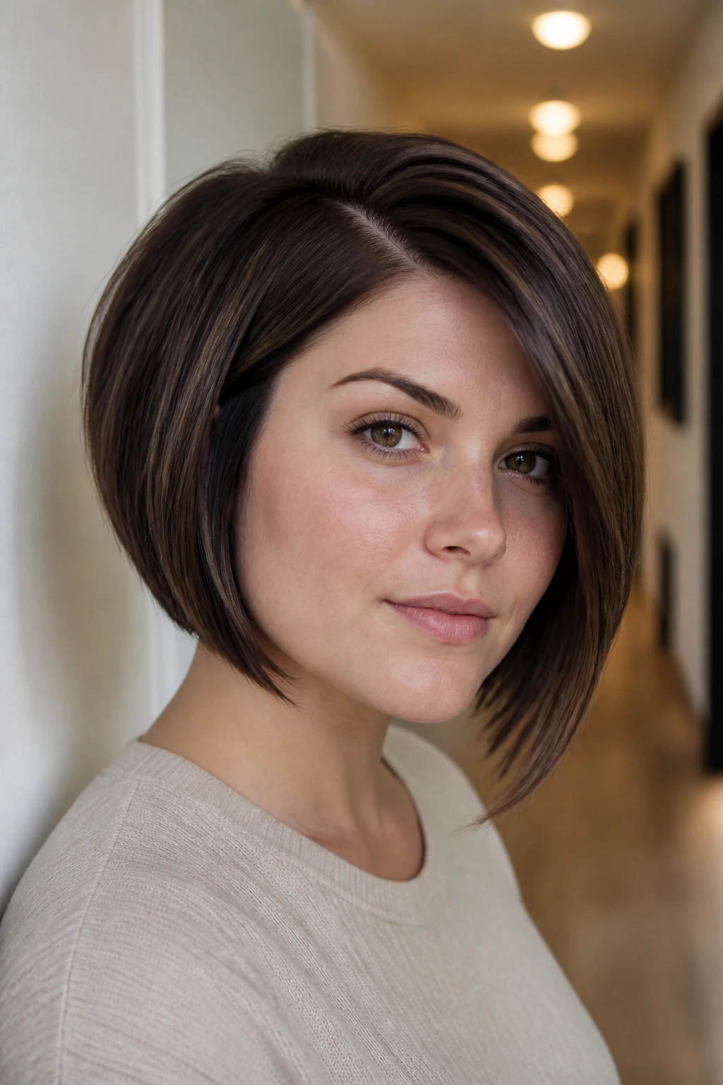 Close-up of a woman with chin-length angled bob and side part