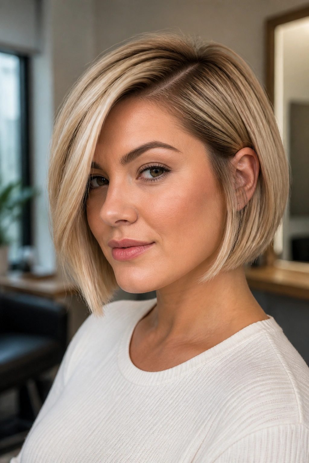 Close-up of angled chin-grazing bob with deep side part on a real woman.