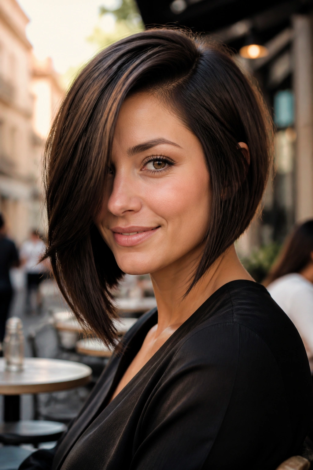 Close-up of angled bob with deep side part in espresso brown hair