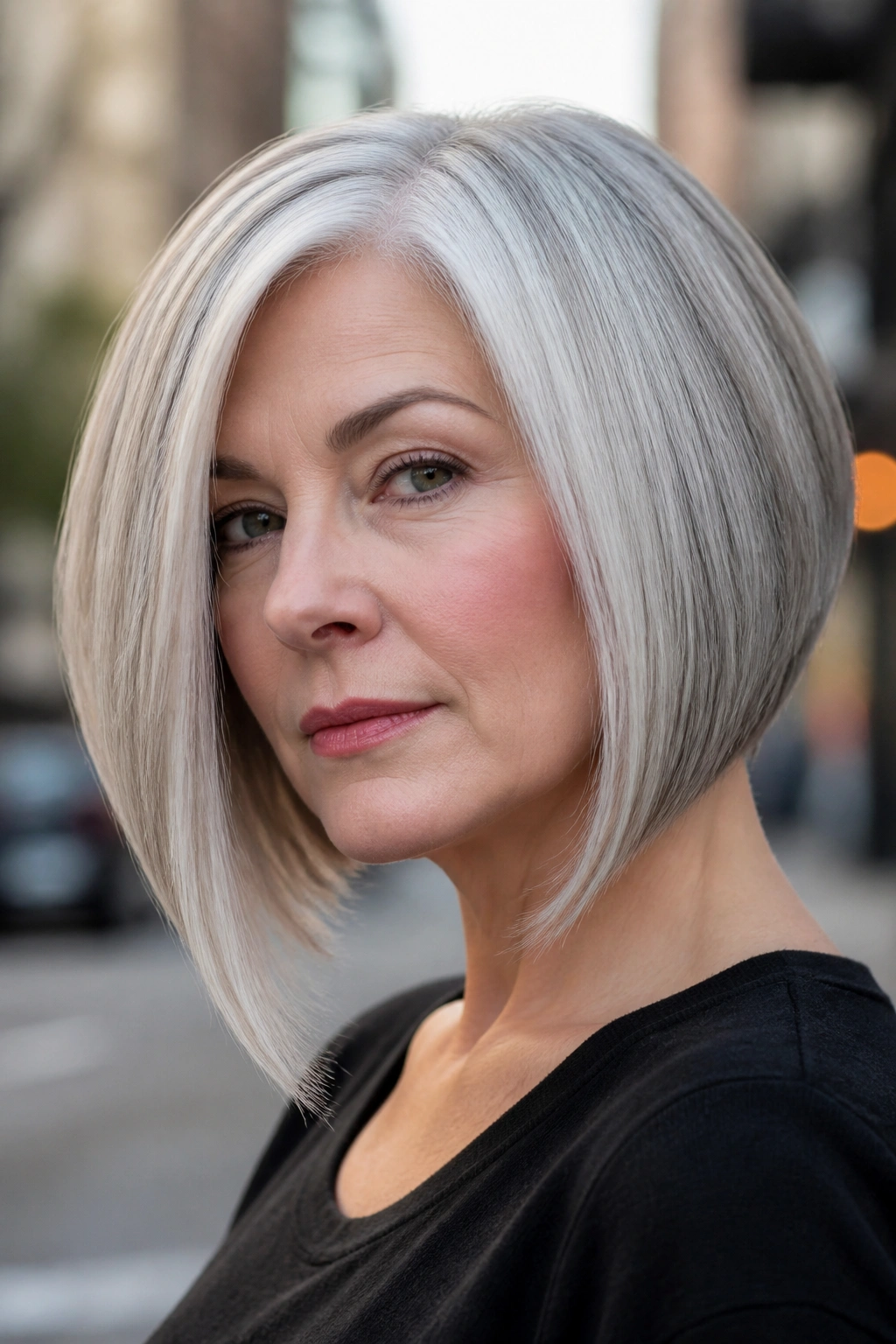 Close-up of a real woman with an angled silver bob below the jawline