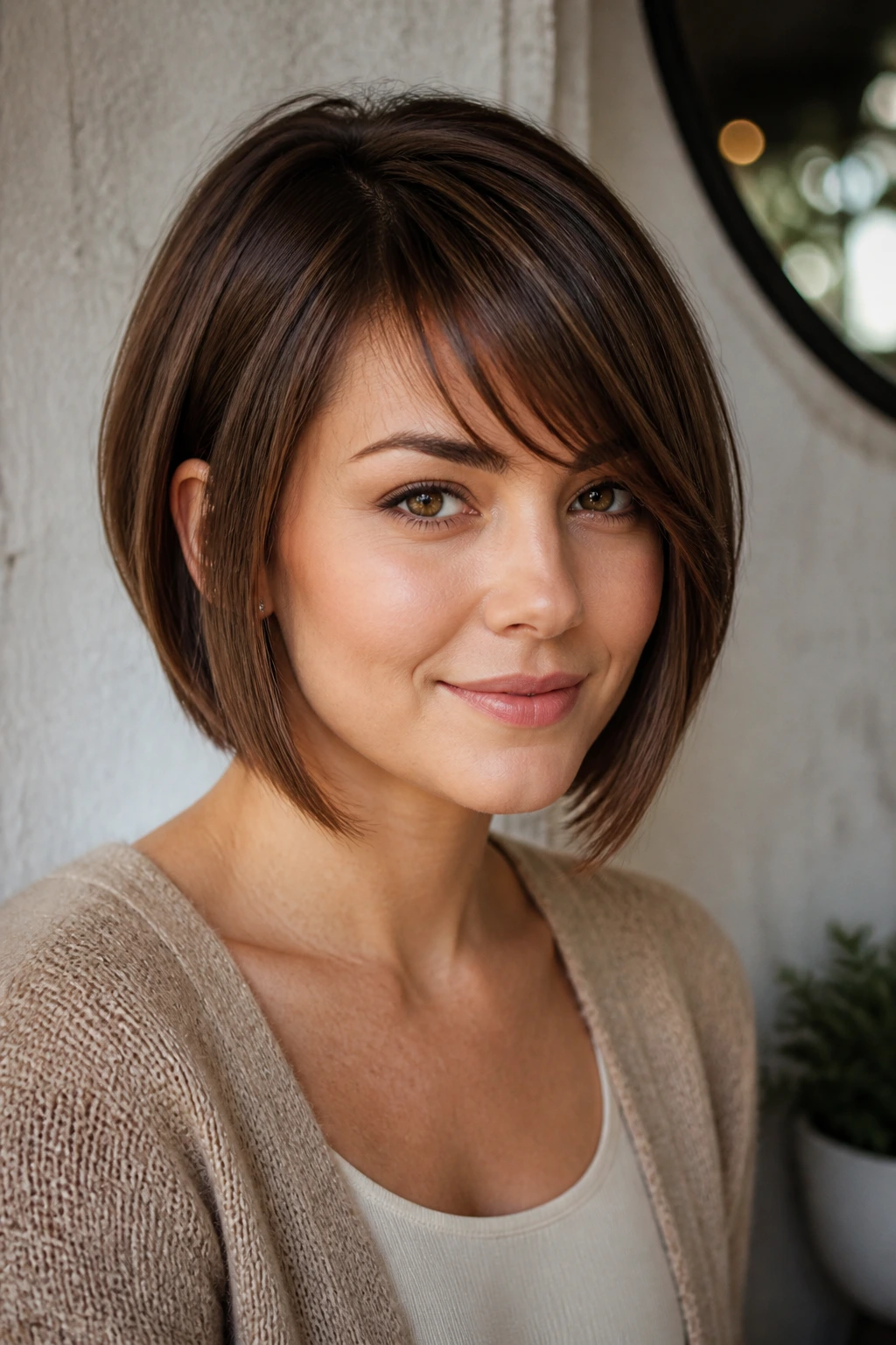 Close-up of a real woman with angled bob and soft diagonal fringe