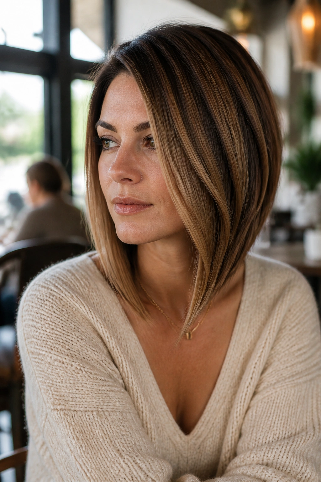 Medium close-up of a real woman wearing an angled bob for square faces in a sunlit cafe