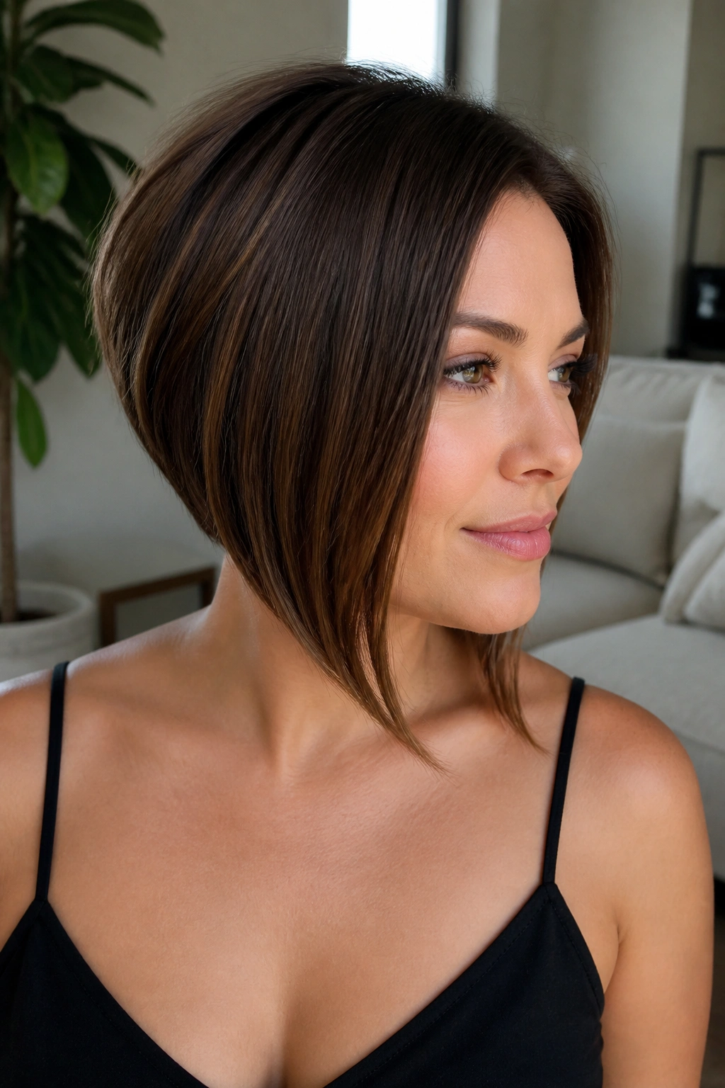 Close-up of a woman with angled bob and stacked nape, showing front length and back shape.