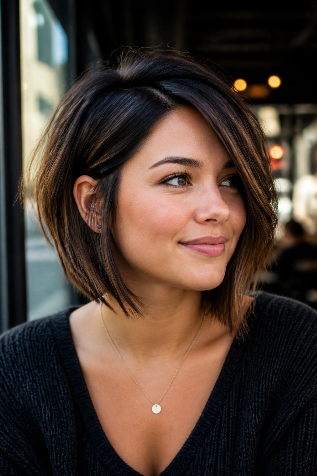 Real woman in cafe lighting wearing angled bob with textured ends