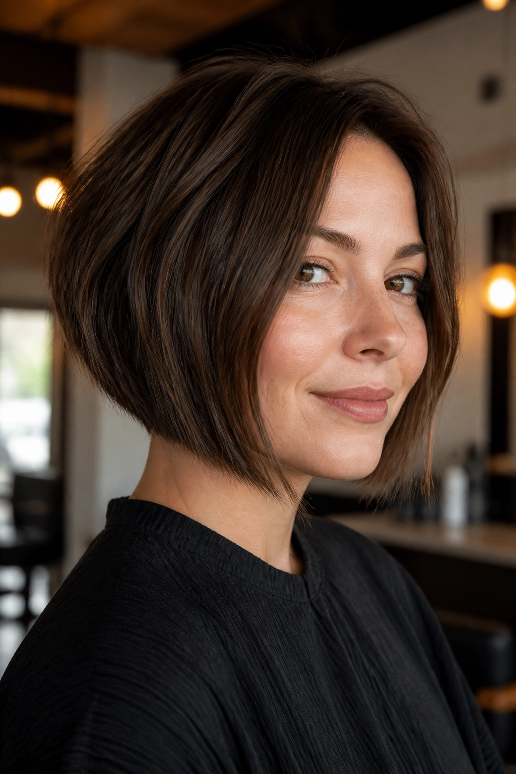 Close-up portrait of a real woman with Angled Chin-Length Bob hairstyle in a salon