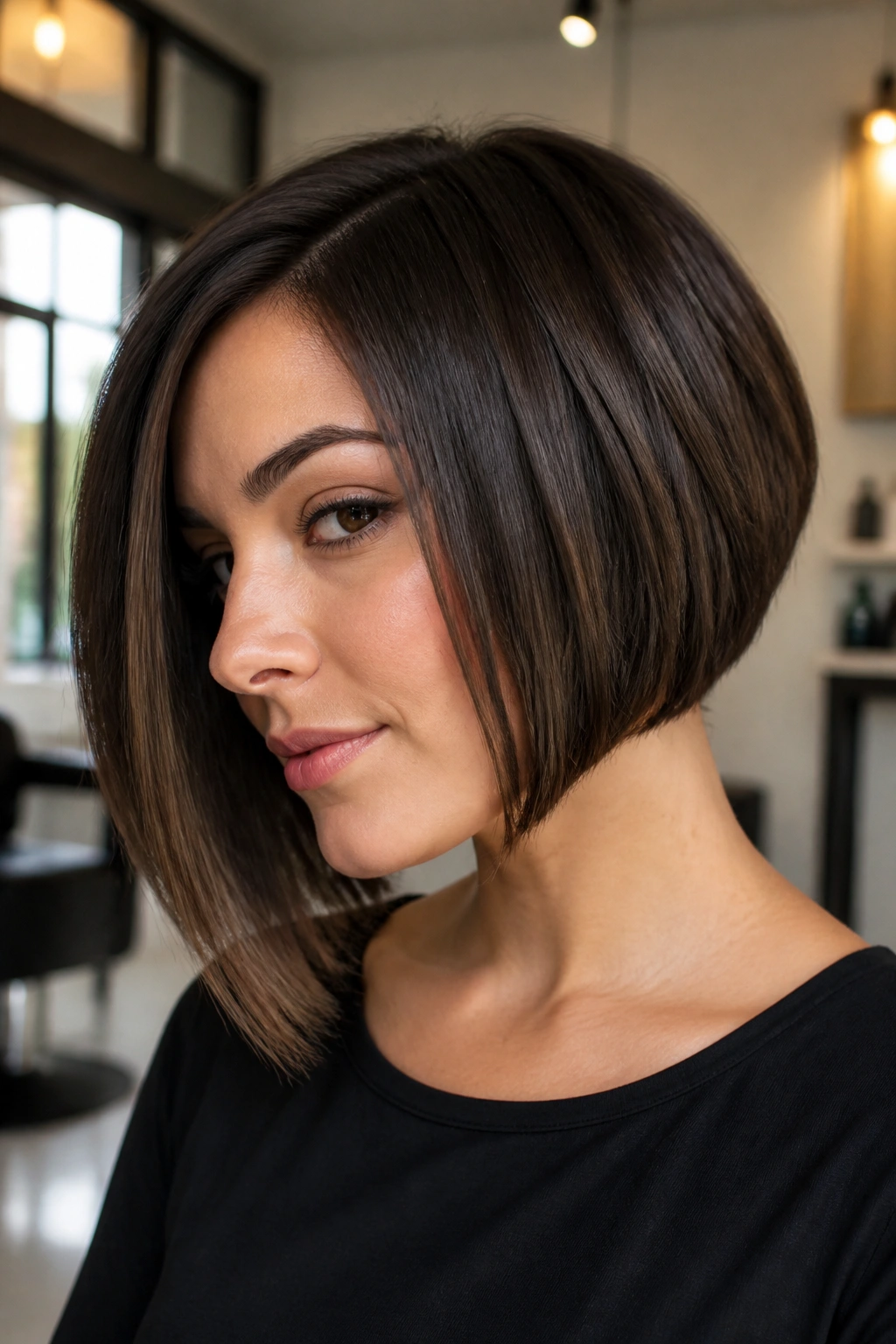 Close-up portrait of a real woman with an angled chin-length bob showing interior debulking.