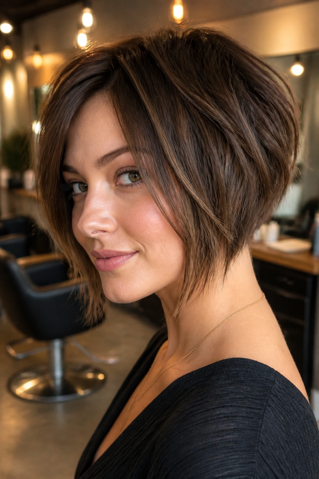 Real woman with angled choppy bob in modern salon.
