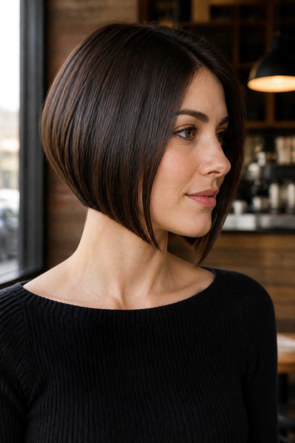 Head-and-shoulders portrait of a woman with an angled cocoa bob skimming the jaw.