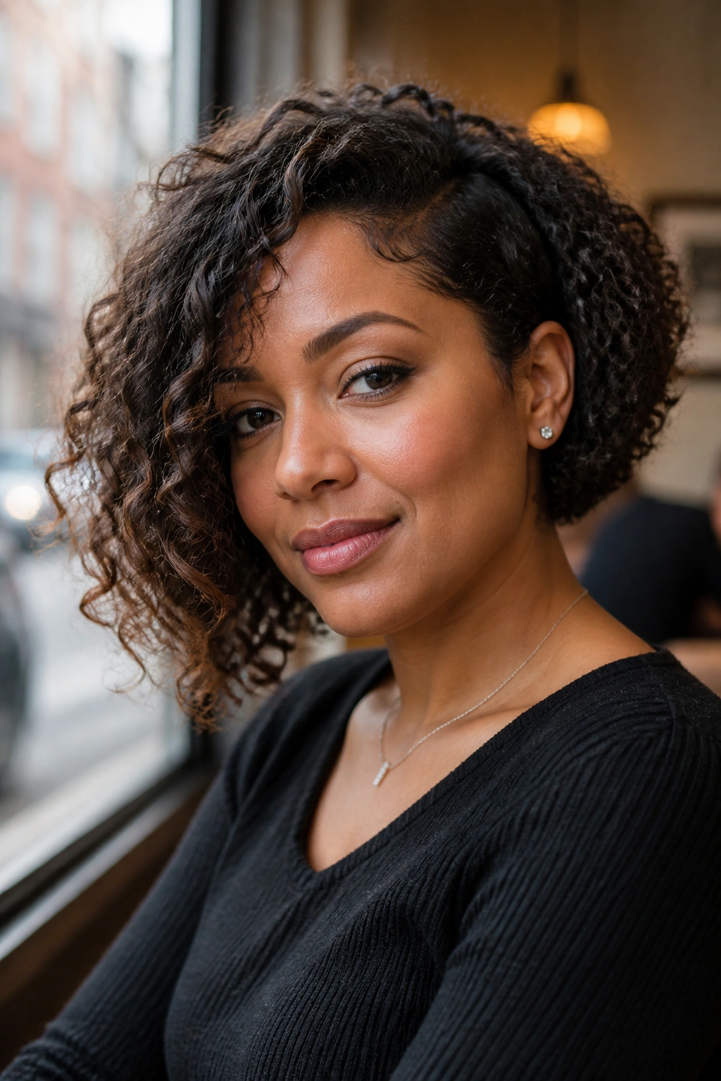 Close-up of a real person with an angled curly bob in a cafe