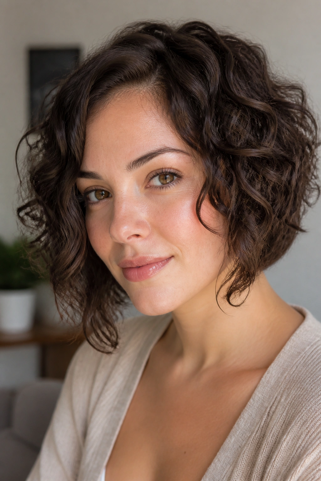 Portrait of a woman with an angled curly bob and longer front pieces.