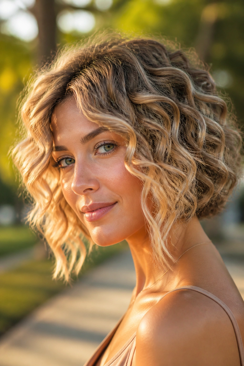 Close-up of a real woman with angled curly bob and longer front pieces outdoors at golden hour.