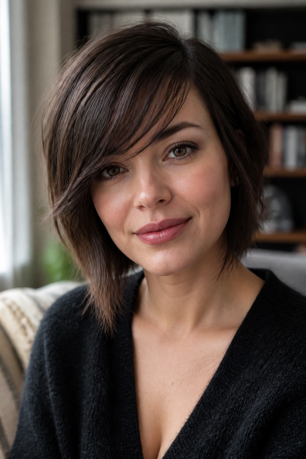 Portrait of a real person with a low-maintenance angled fringe