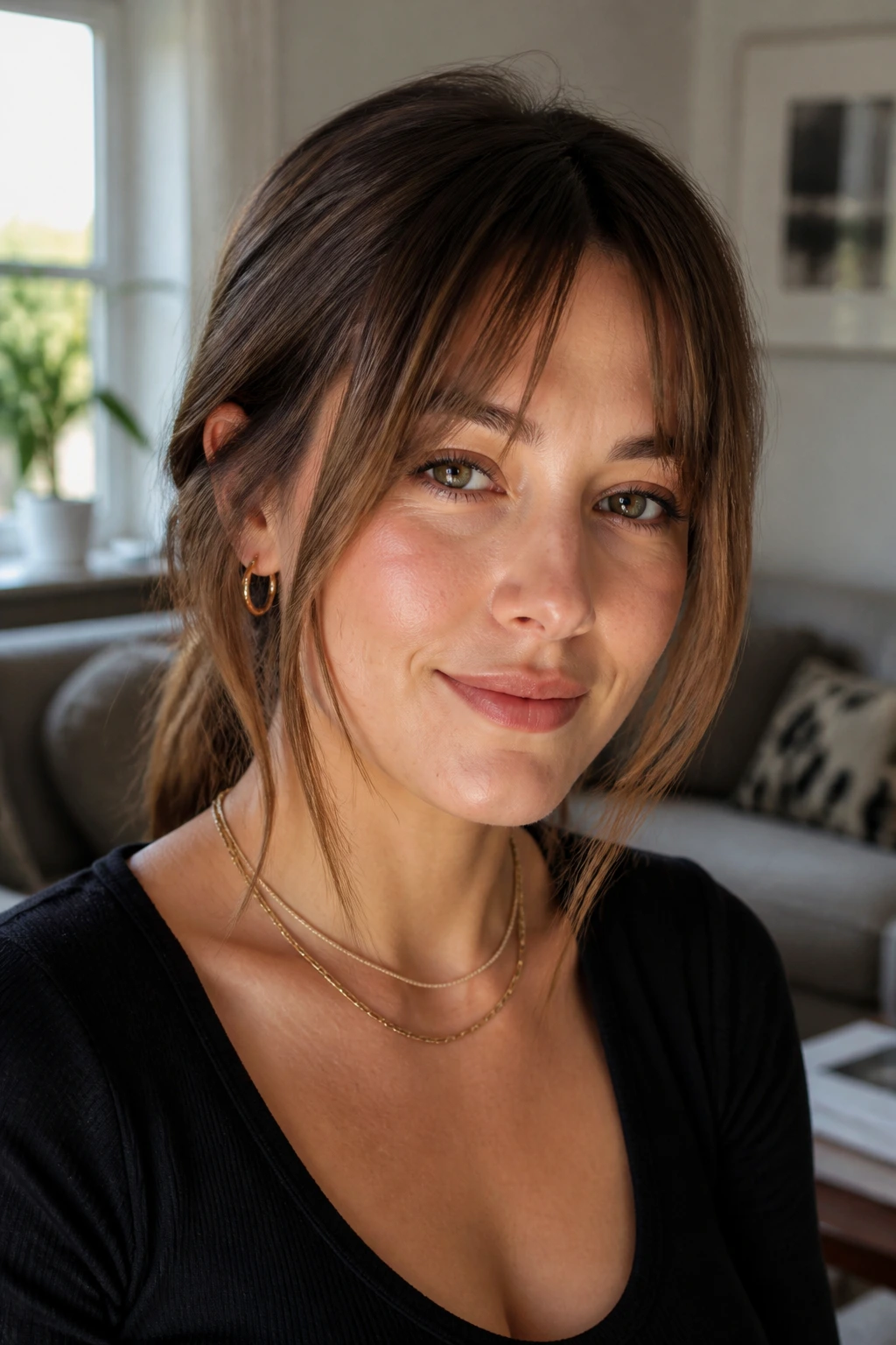 Close-up of a real woman's face showing angled face-framing fringe pieces