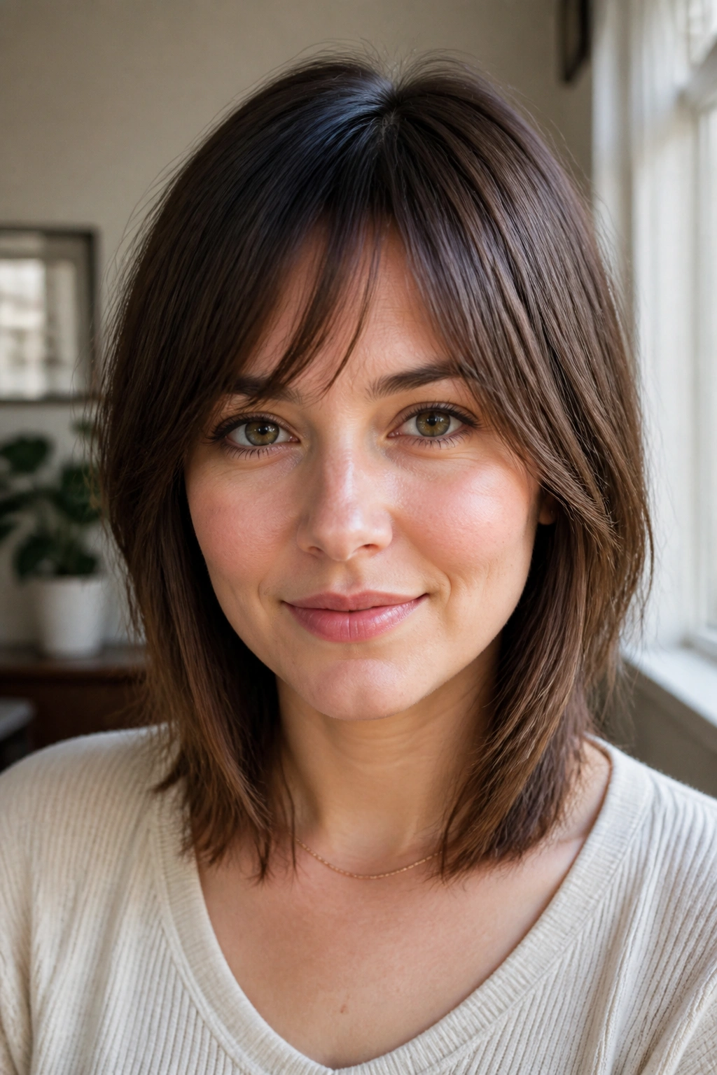 Close-up portrait of a woman with angled fringe tapering toward the temples