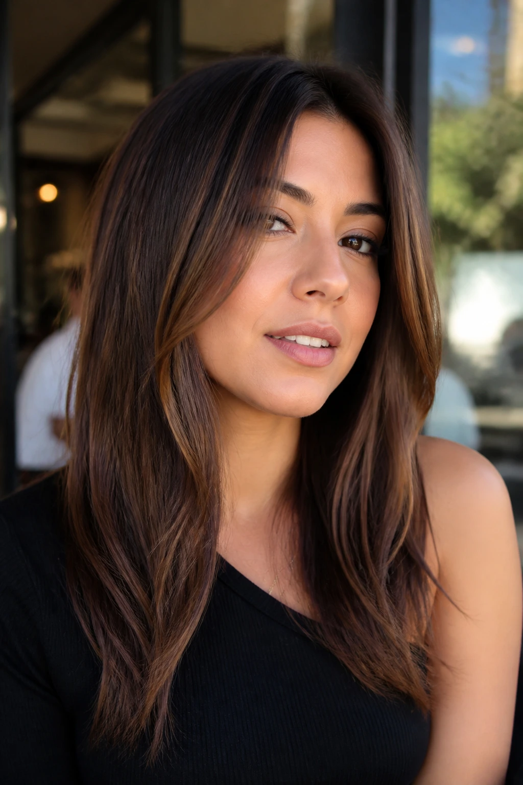 Close-up of a woman with angled front pieces in brown hair under natural light