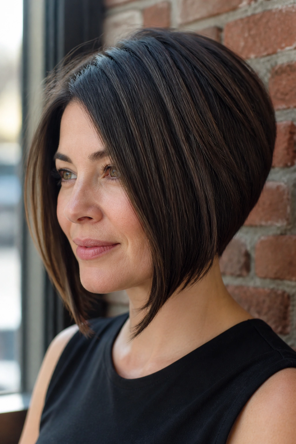 Close-up of a real woman with an angled graduated bob showing a diagonal sweep across the face.