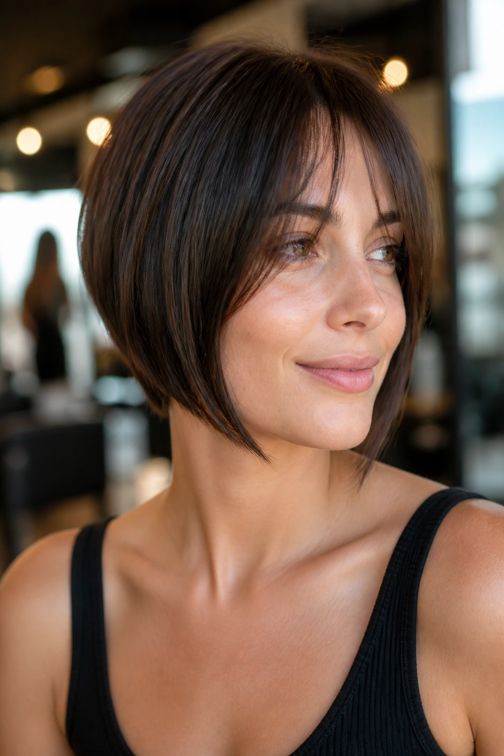 Close-up of a real woman with angled inverted bob and curtain bangs