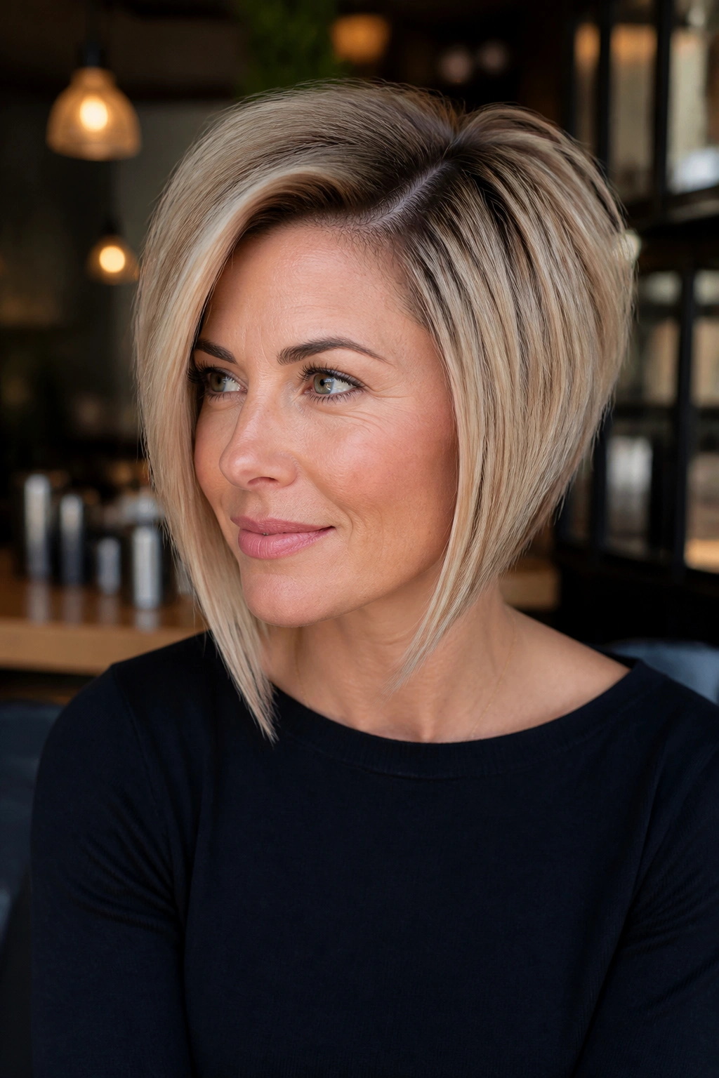 Portrait of a woman with an angled inverted bob and a deep side part in natural light
