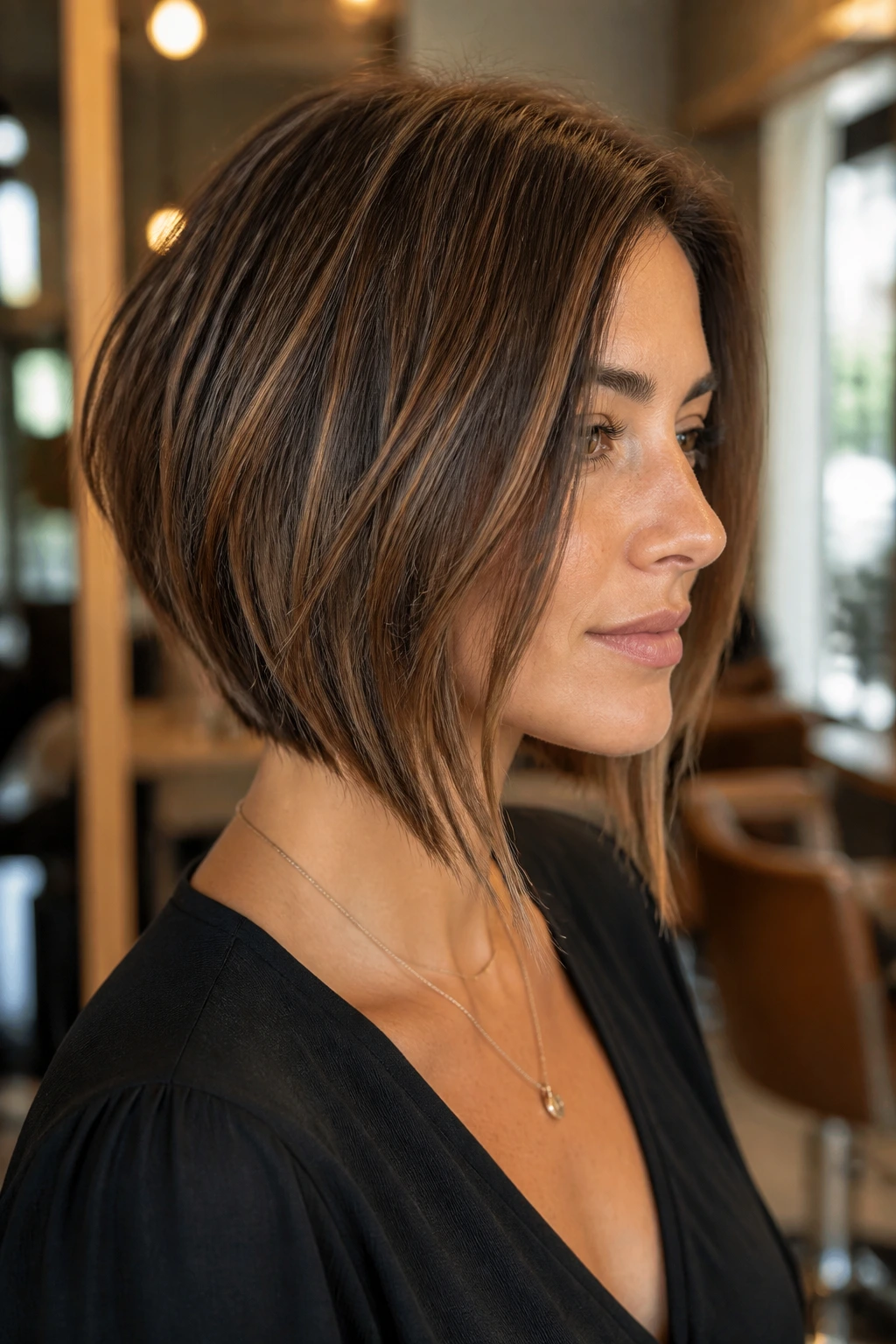 Close-up of a real woman with angled long inverted bob with piecey ends in warm salon lighting