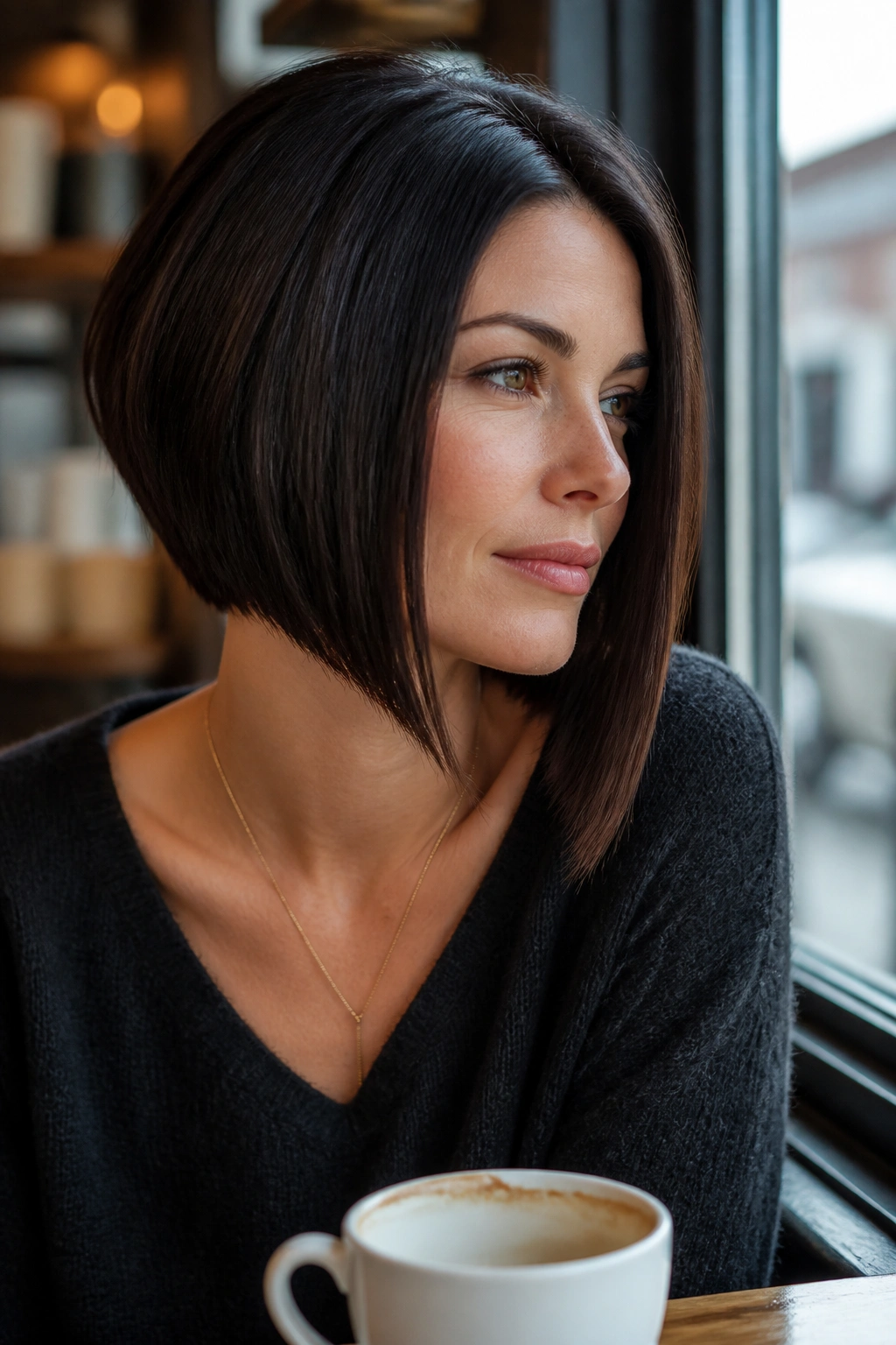 Real woman with angled jawline bob in cafe window light.