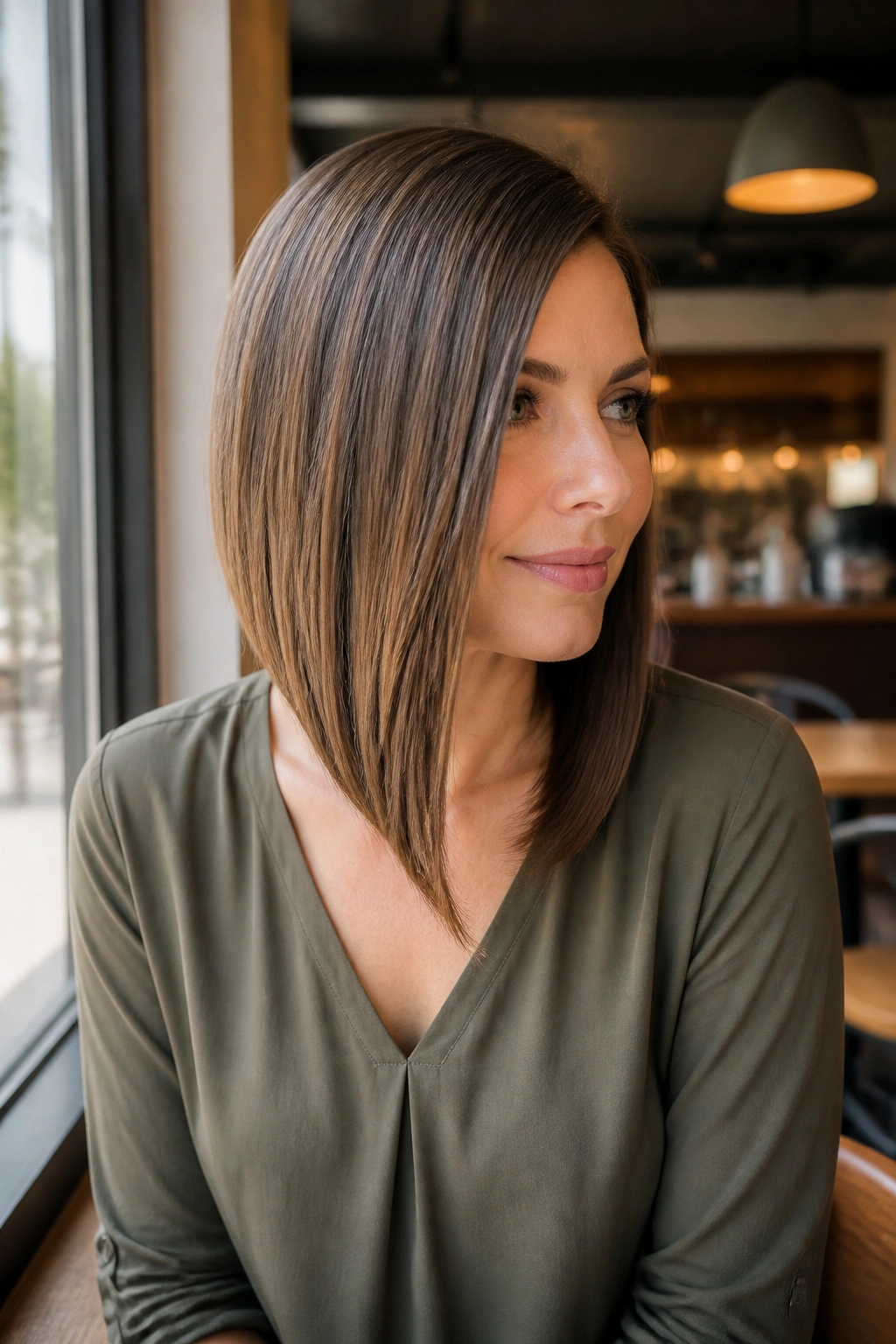 Medium close-up of a real woman with an angled A-line lob and longer front pieces.