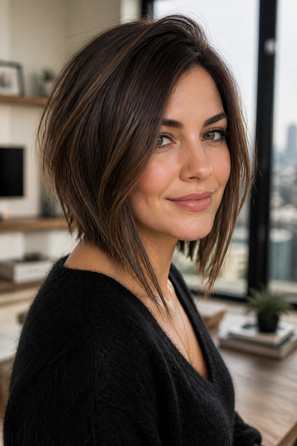 Close-up of a real woman with angled lob and cheekbone-skimming layers