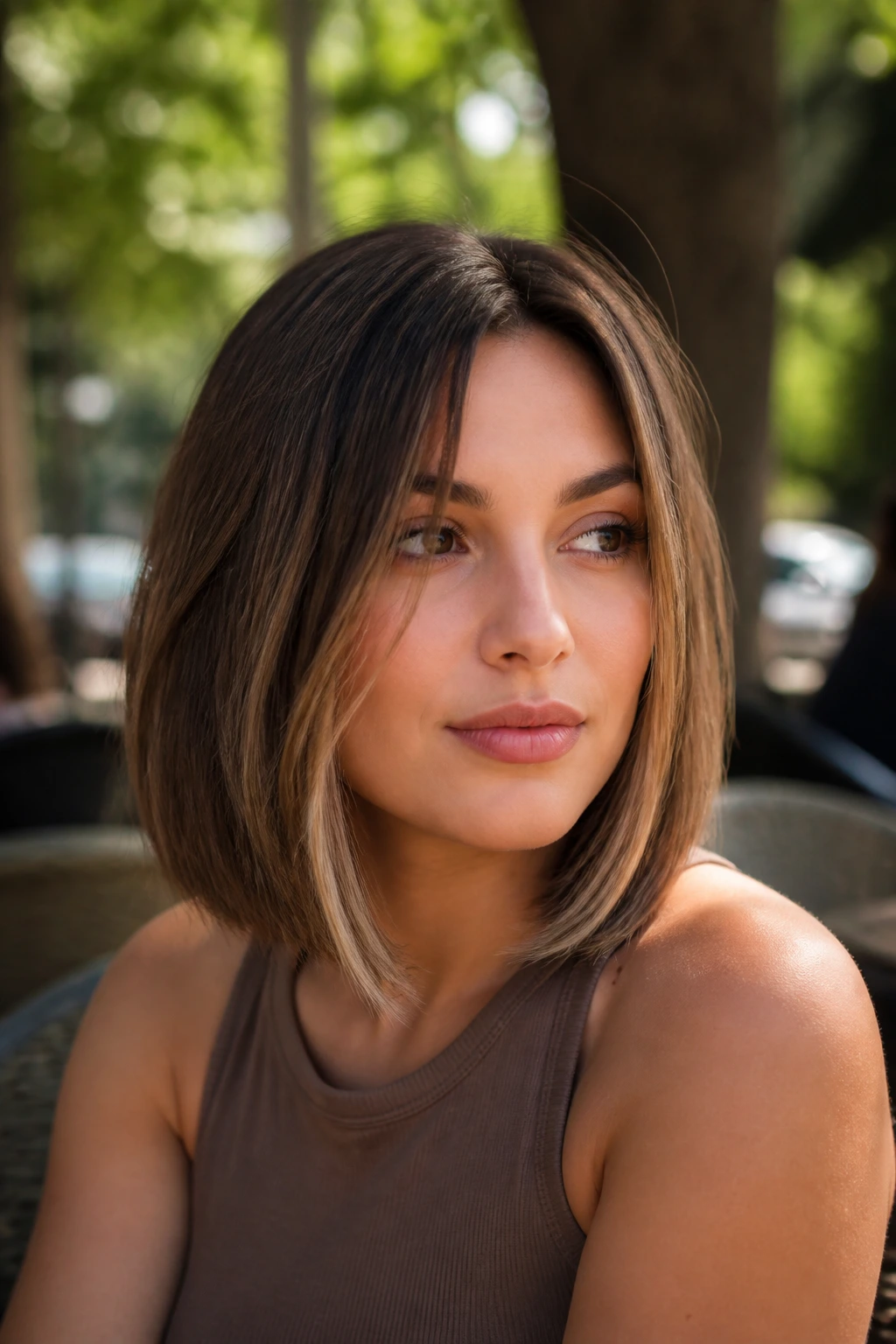 Close-up portrait of a real woman with angled lob and chin-skimming front pieces