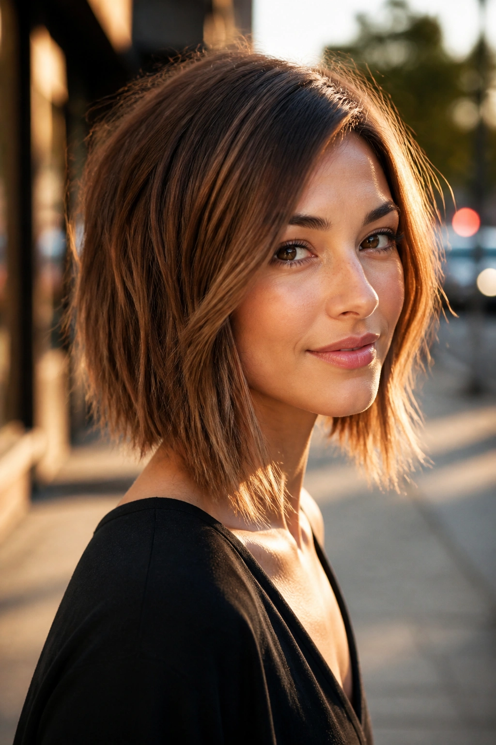 Close-up of a real woman with an angled lob and choppy ends