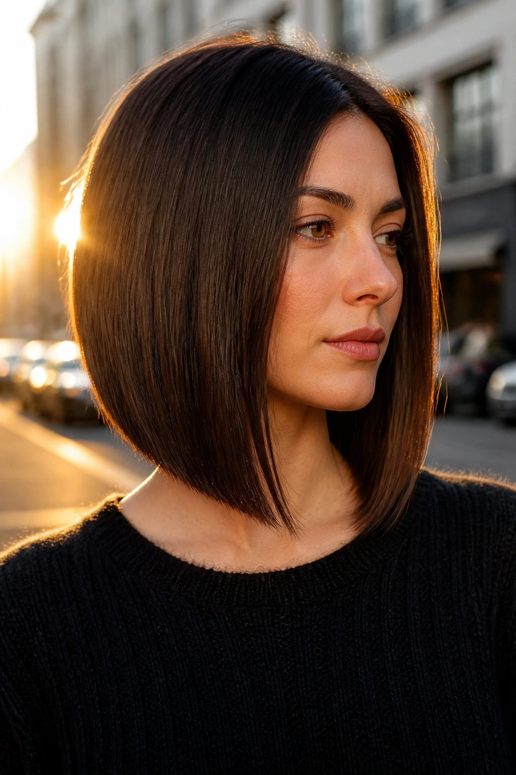 Close-up of a real woman with angled lob and clean edge