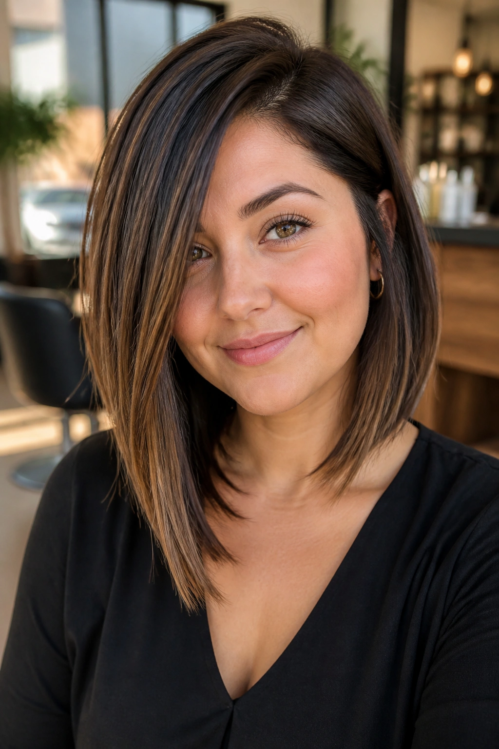 Close-up of a real woman with angled lob and deep side part for round faces