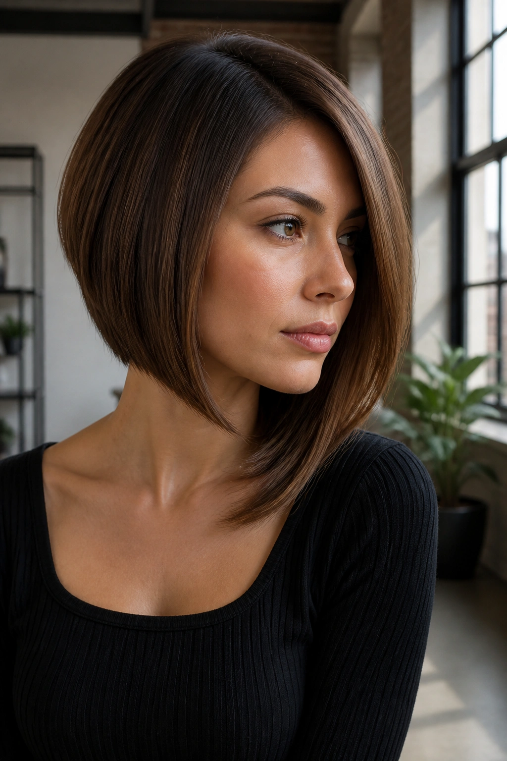 Medium close-up of real person with angled lob and diagonal line