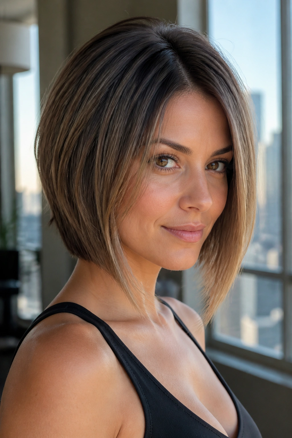 Close-up of a real woman with an angled lob and face-framing pieces.