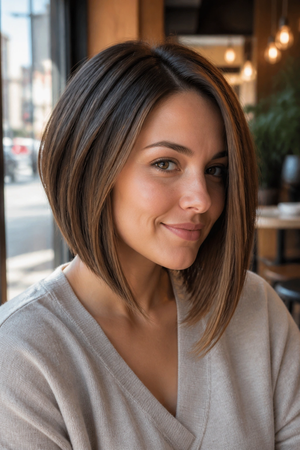 Close-up of woman with Angled Lob That Slants Forward, front pieces below chin, cafe window backdrop