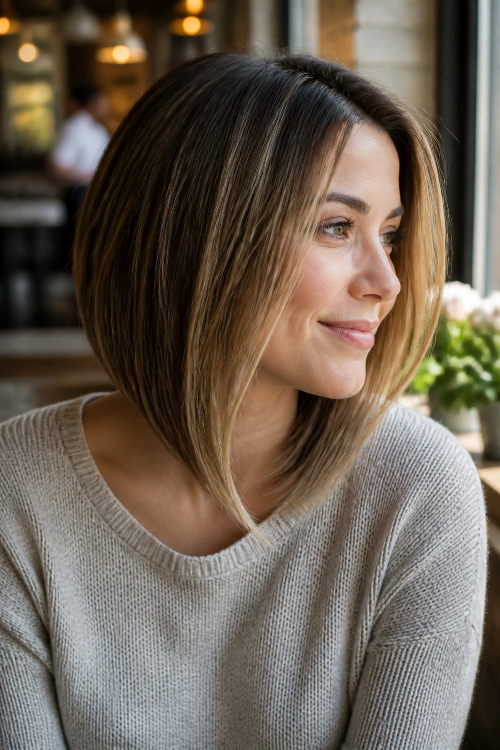 Close-up of a real woman with an angled lob that tilts forward.
