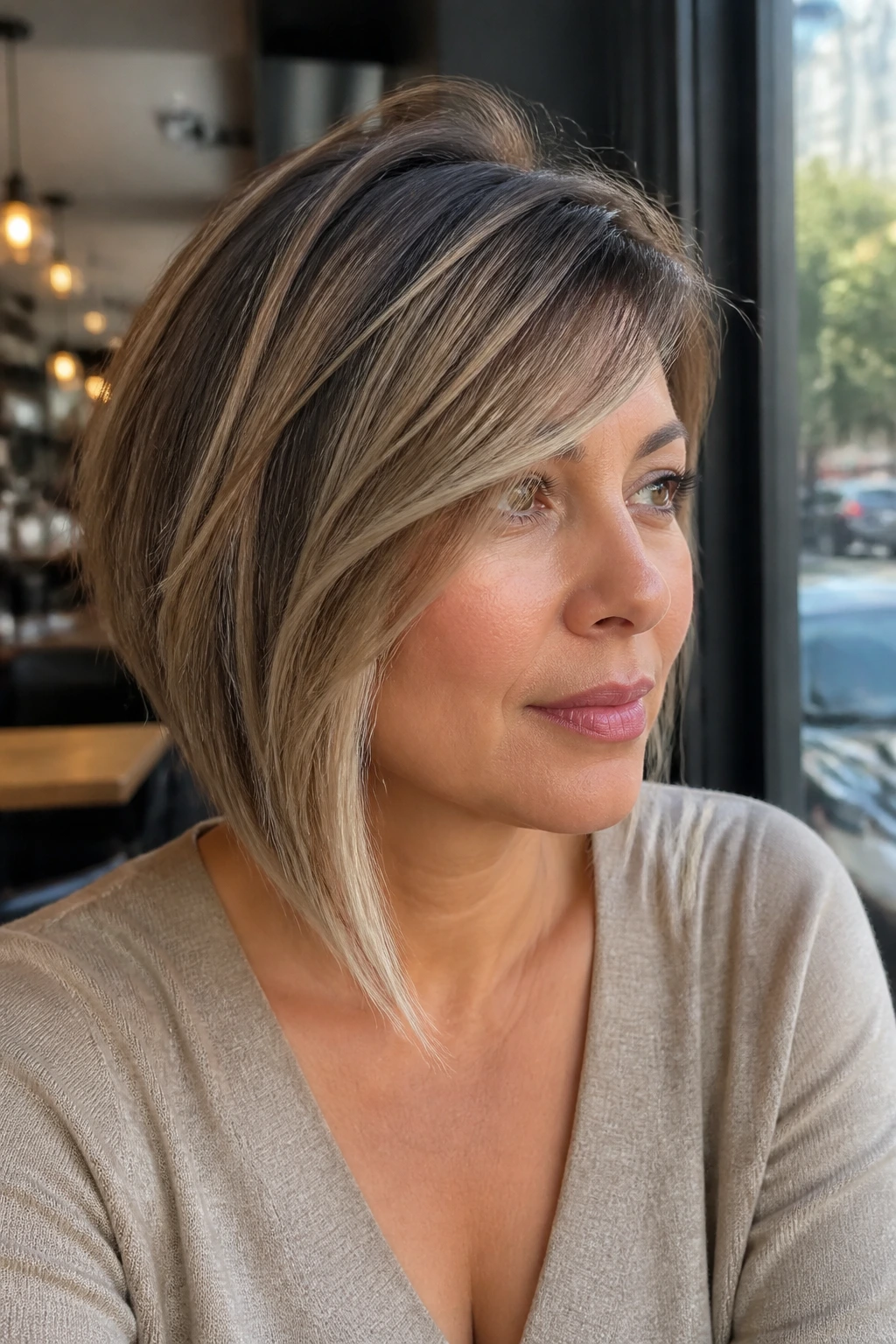 Portrait of a real woman with angled lob and side-swept fringe at cafe window light