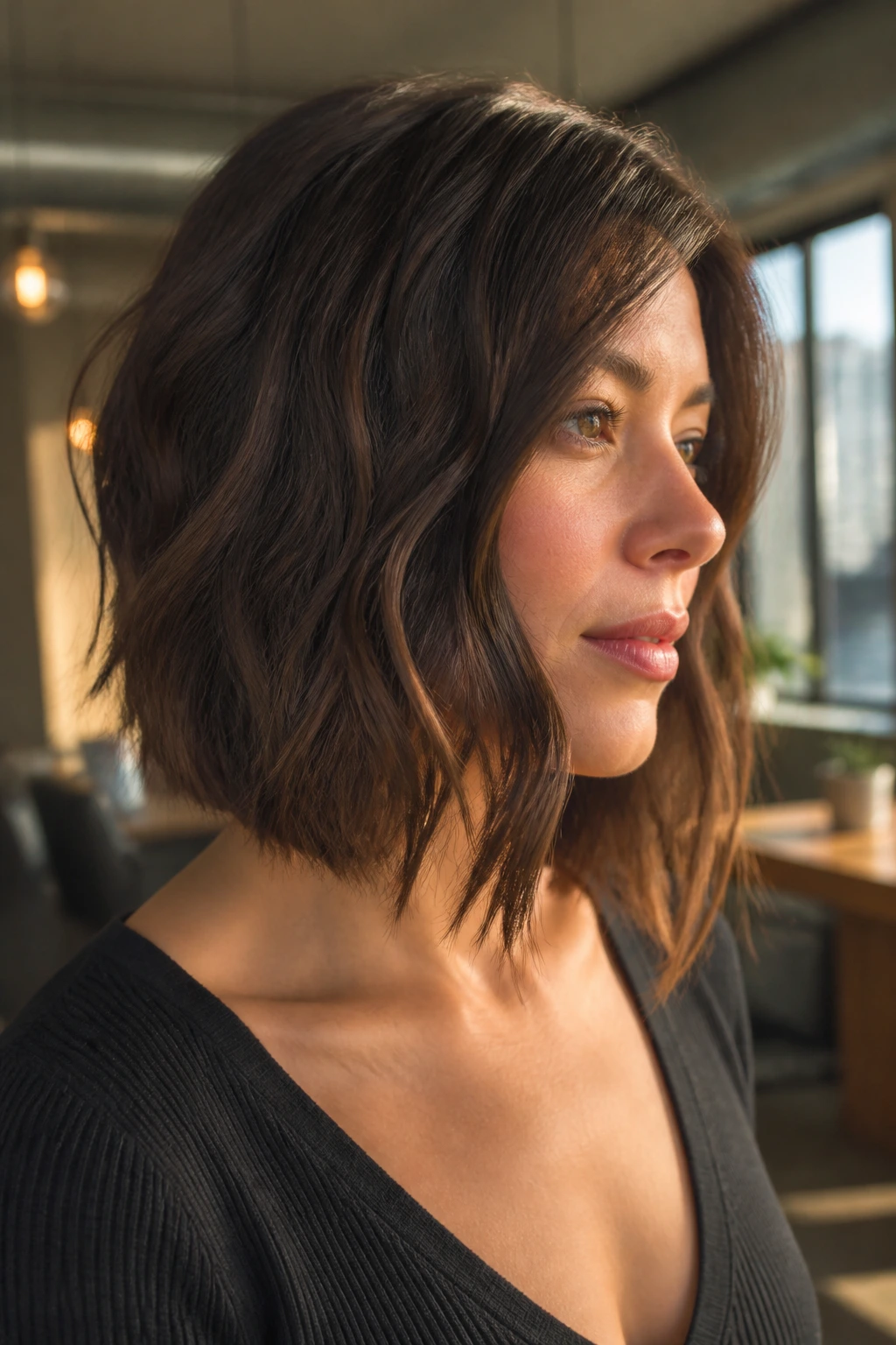 Close-up of a real person with an angled lob featuring longer front pieces and a soft bend