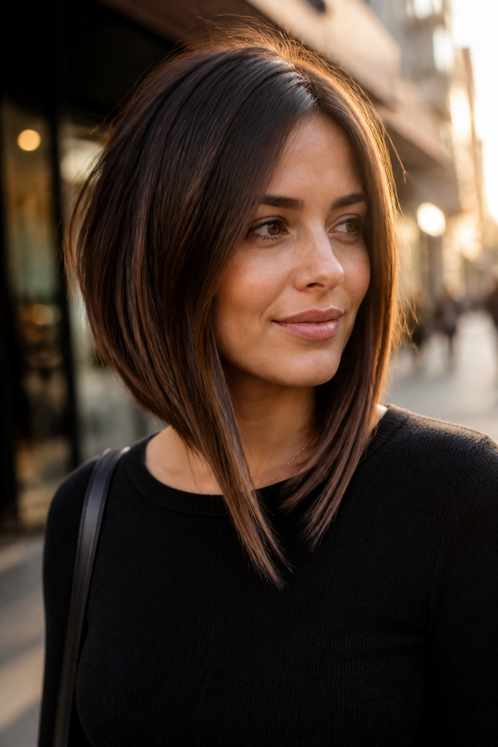 Close-up of a woman with an angled lob and longer front length.