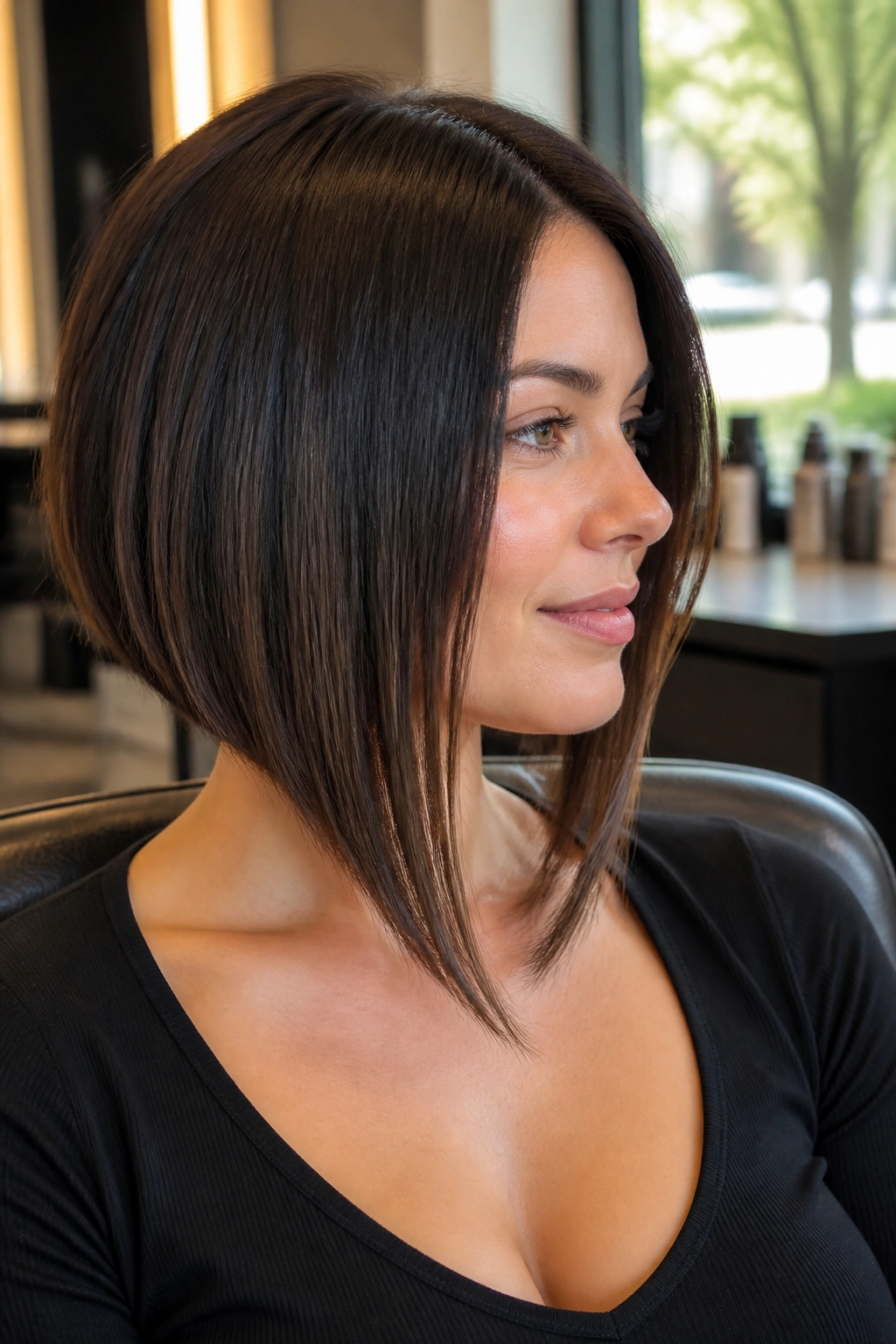 Close-up portrait of a real woman with angled lob front pieces toward the collarbone, lit by natural window light.