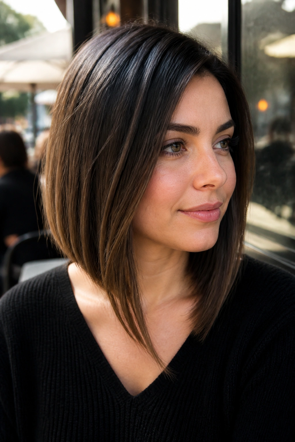 Portrait of a woman with an angled lob haircut in an outdoor cafe setting.