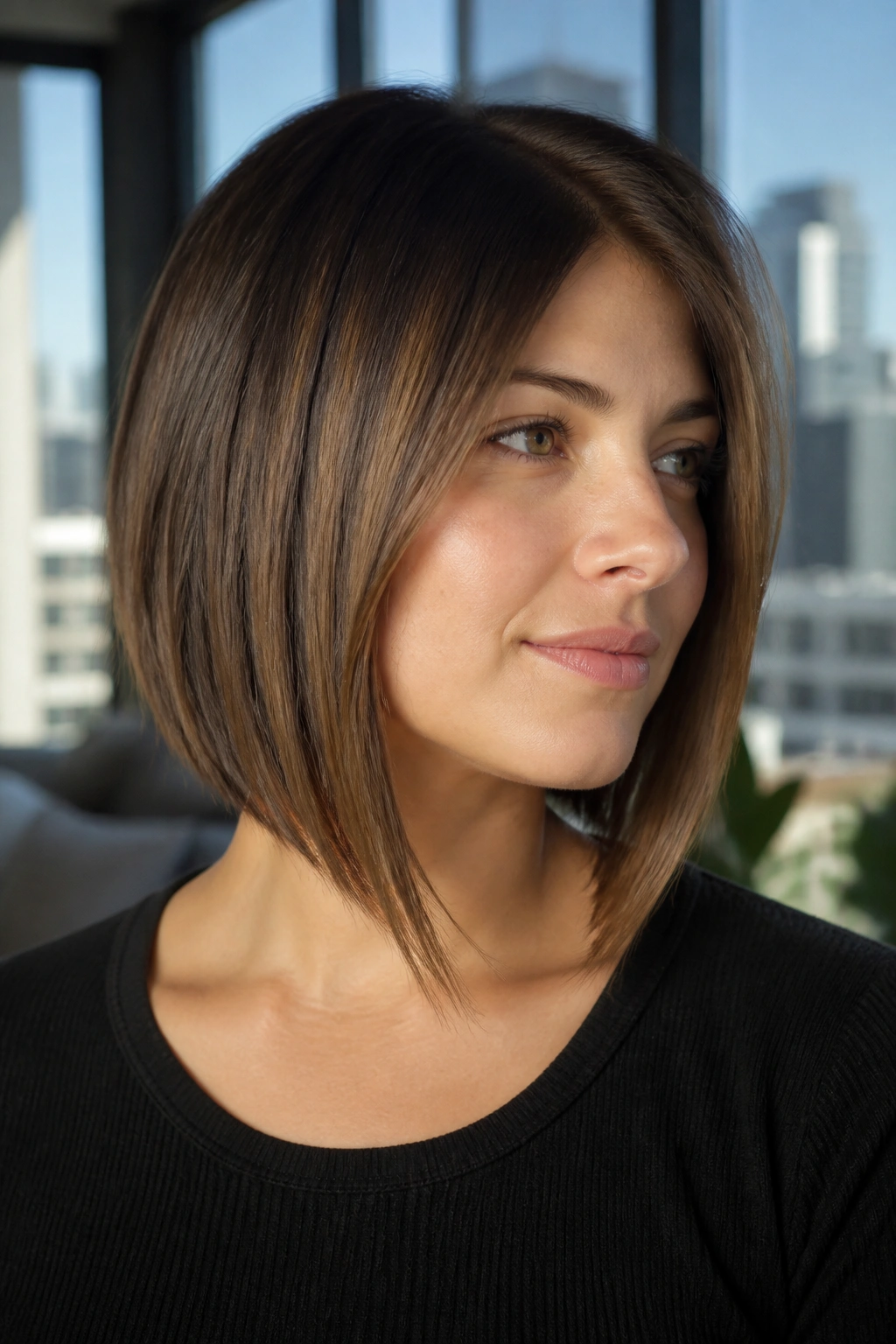 Close-up of a real woman with an angled lob skimming the jaw.