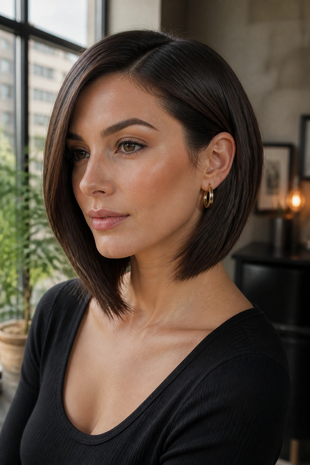 Portrait of a real woman with an angled lob hairstyle and longer front pieces tucked behind the ear.