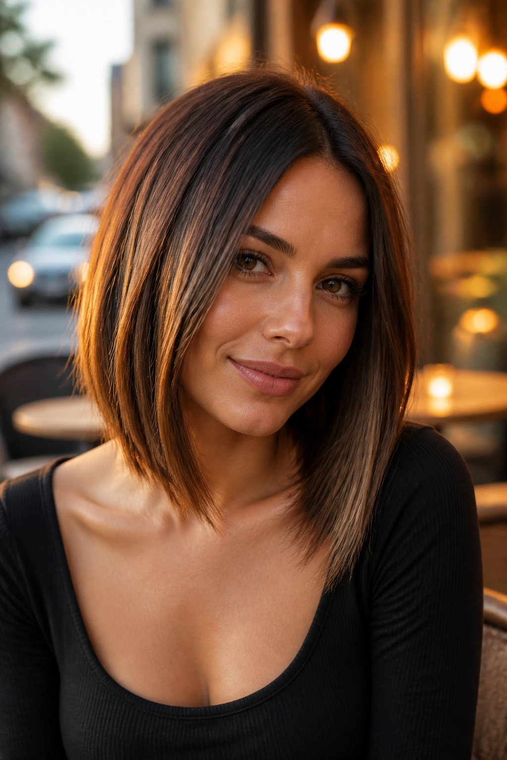 Close-up of a real person with an angled lob hairstyle in warm ambient street-side cafe lighting.