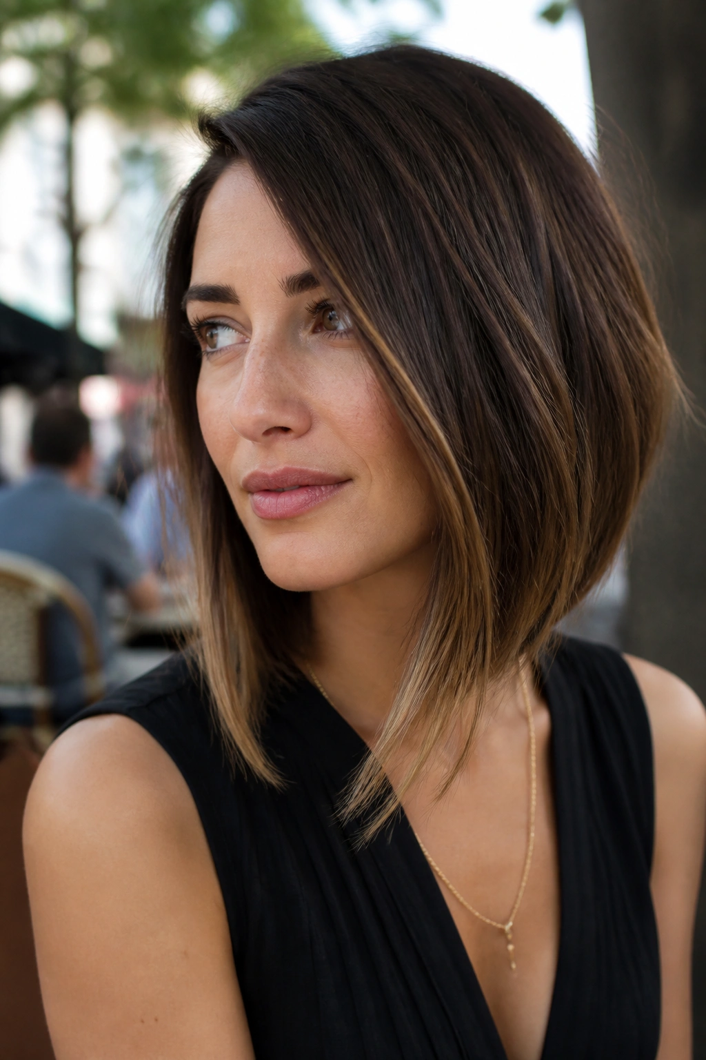 Close-up of real woman with angled lob hairstyle